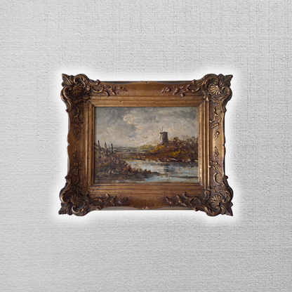 ORIGINAL Ölgemälde auf Holzplatte inkl. antikem Rahmen | Fluss / Landschaft / Windmühle | Signiert
