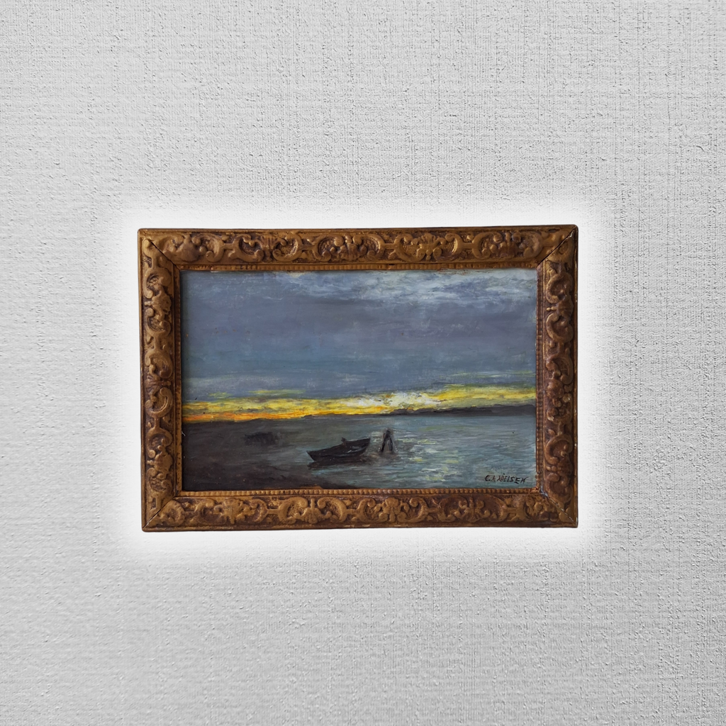 ORIGINAL Ölgemälde auf Holzplatte inkl. Rahmen | Boot bei Dämmerung | 35x24 cm | Signiert