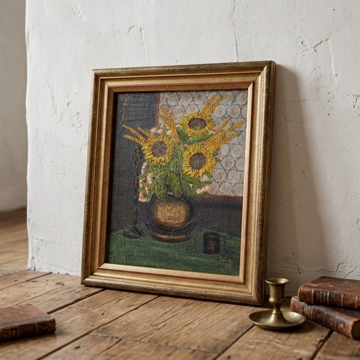 Altes Ölgemälde handgemalt mit Holzrahmen | Stillleben / Sonnenblumen | ORIGINAL & Signiert