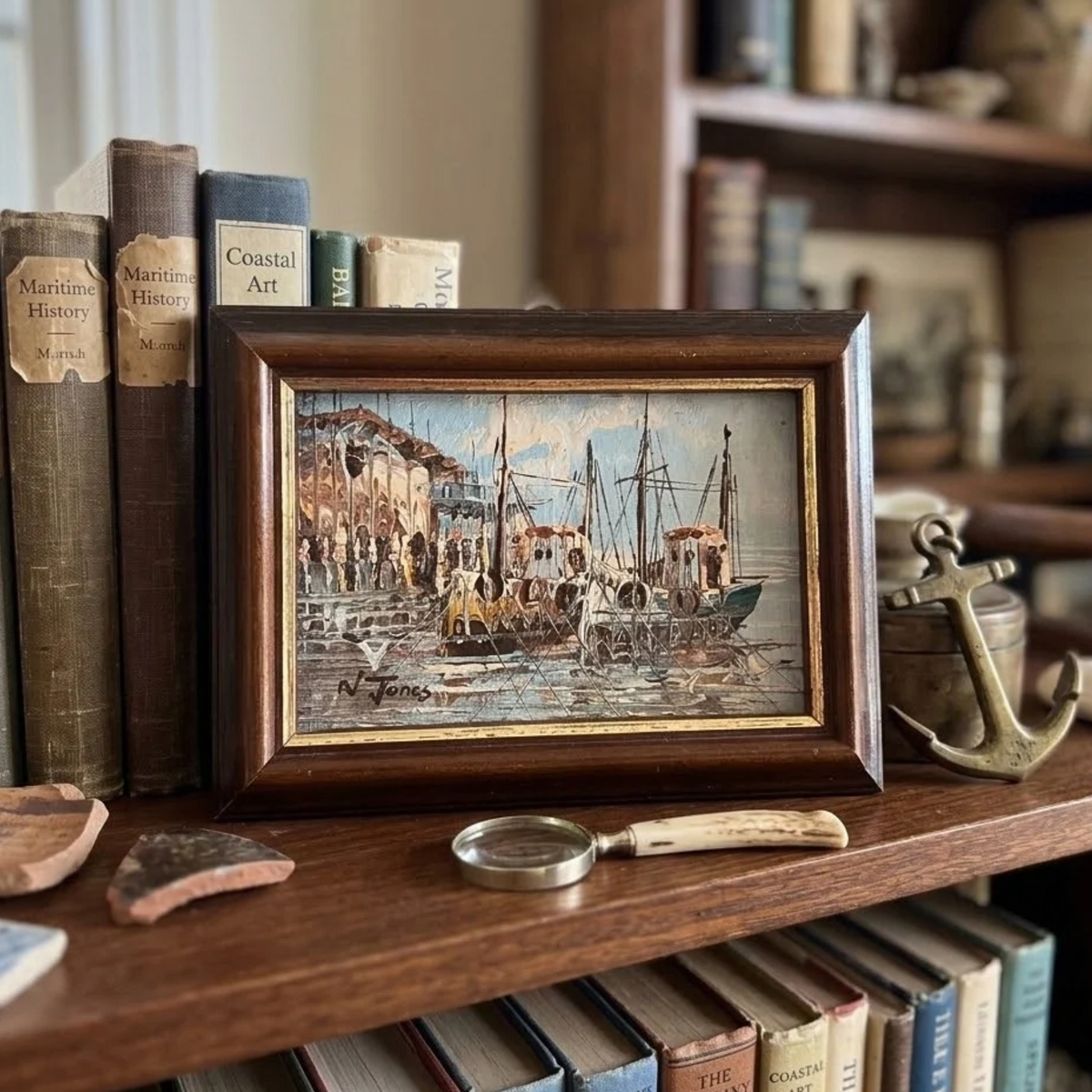Kleines altes Ölgemälde handgemalt mit Rahmen | Fischerboote im Hafen | 19x14 cm | Signiert