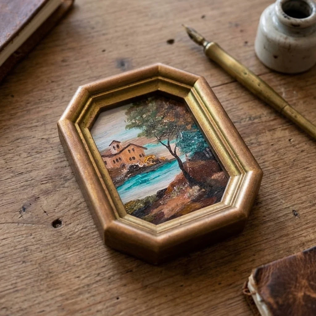 Kleines altes Ölgemälde handgemalt mit Rahmen | Landschaft / Natur / Italien | 11x14 cm | Vintage