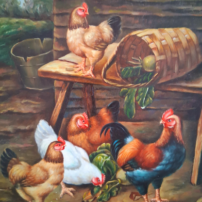 ORIGINAL Ölgemälde auf Holzplatte inkl. Rahmen | Hühnerstall / Bauernhof | Signiert: K. Koll