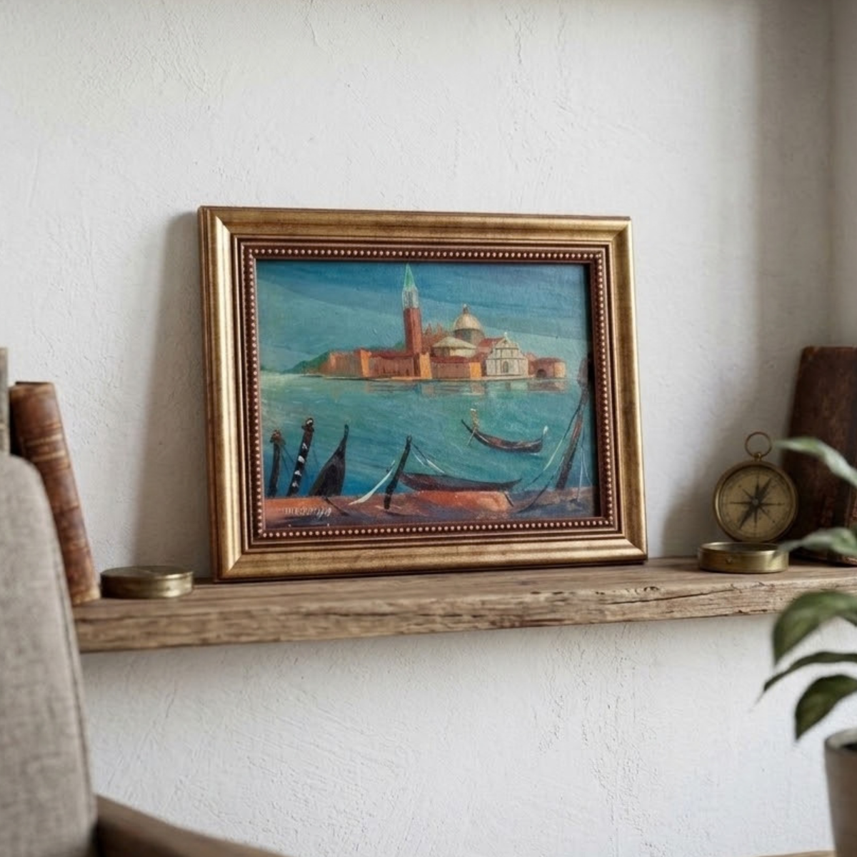 ORIGINAL Ölgemälde auf Karton inkl. Rahmen | San Marco / Markusturm / Venedig | Signiert
