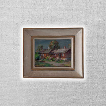 ORIGINAL Ölgemälde auf Karton inkl. Rahmen | Landschaft / Bauernhaus mit Figur | Signiert