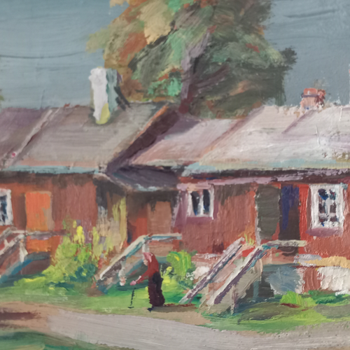 Altes Ölgemälde handgemalt auf Karton inkl. Rahmen | Landschaft / Bauernhaus mit Figur | Signiert