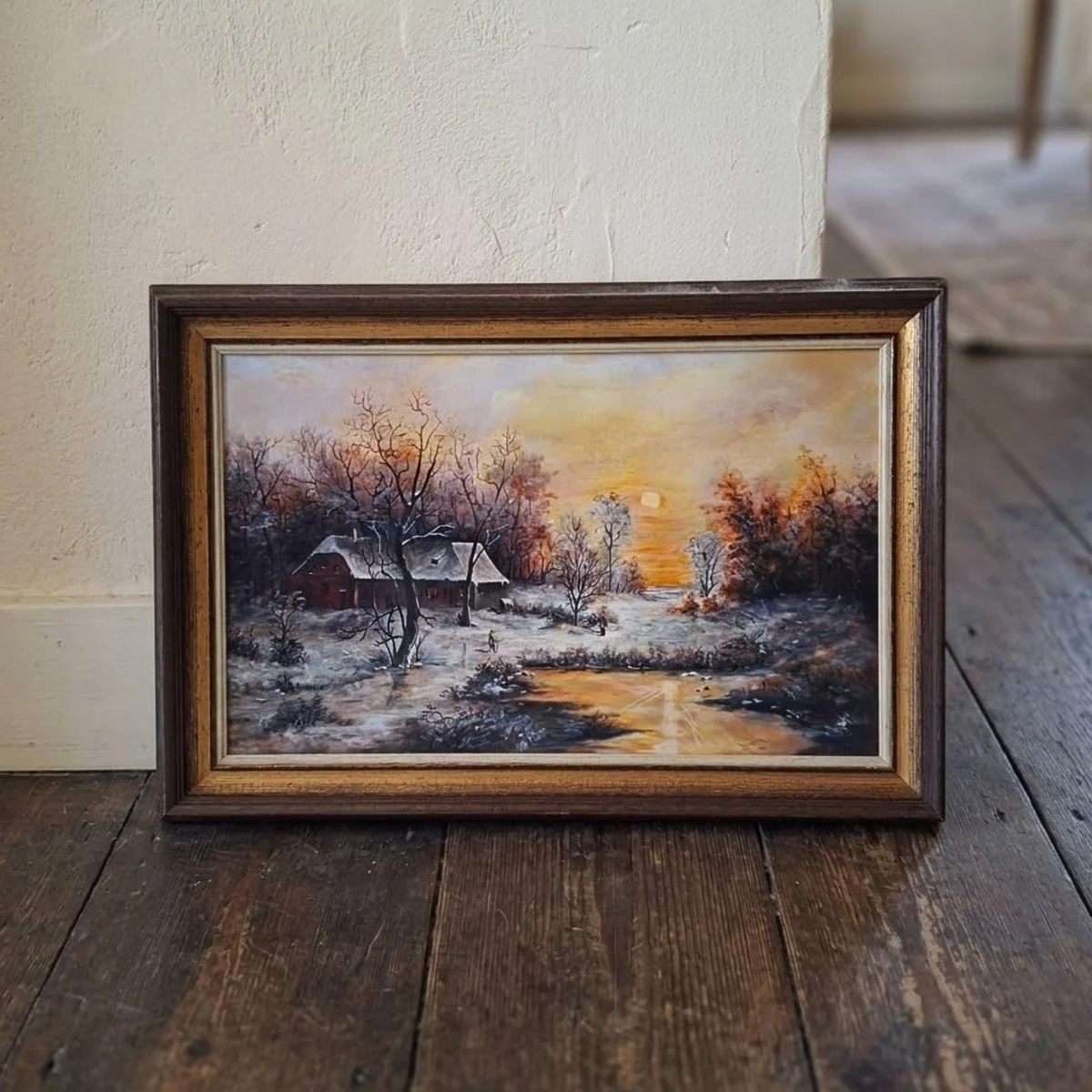 Altes Ölgemälde handgemalt mit Rahmen | Winterlandschaft mit Bauernhaus | 45x30 cm | Signiert
