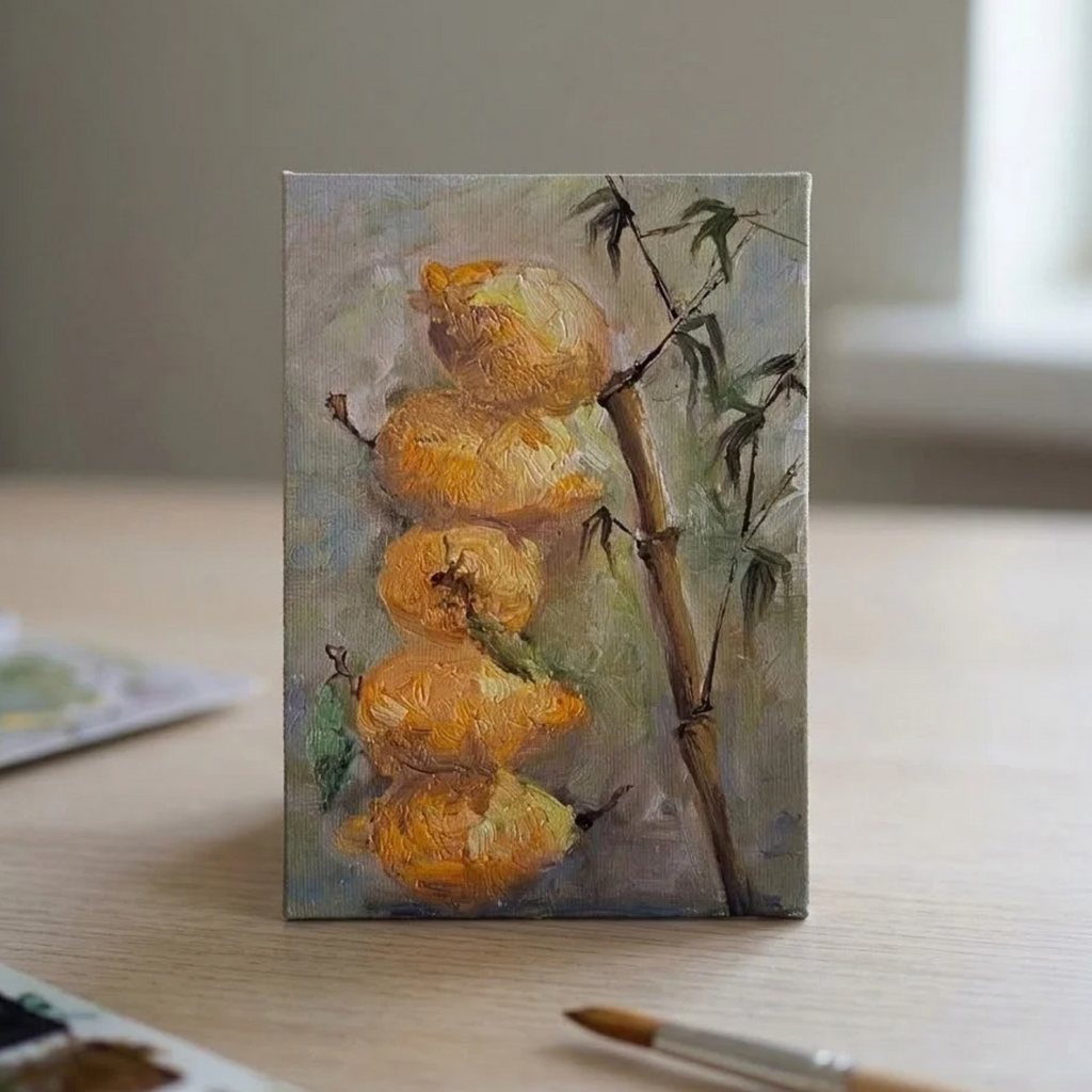 Modernes Ölgemälde handgemalt auf Karton | Zitronen und Bambus / Pflanzen | 13x18 cm | Signiert