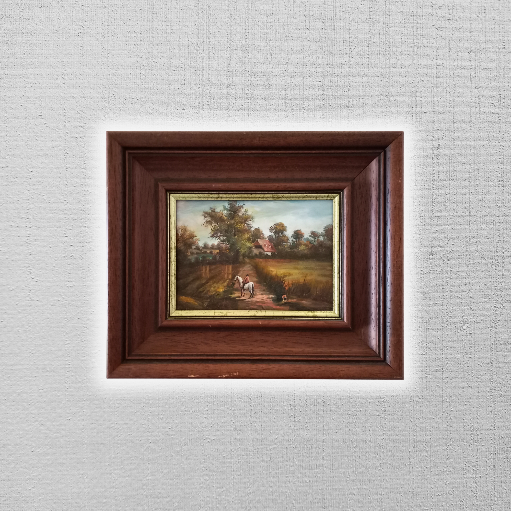 ORIGINAL Ölgemälde auf Holzplatte inkl. Rahmen | Reiter mit Pferd / Bauernhaus / Natur | 31x26 cm