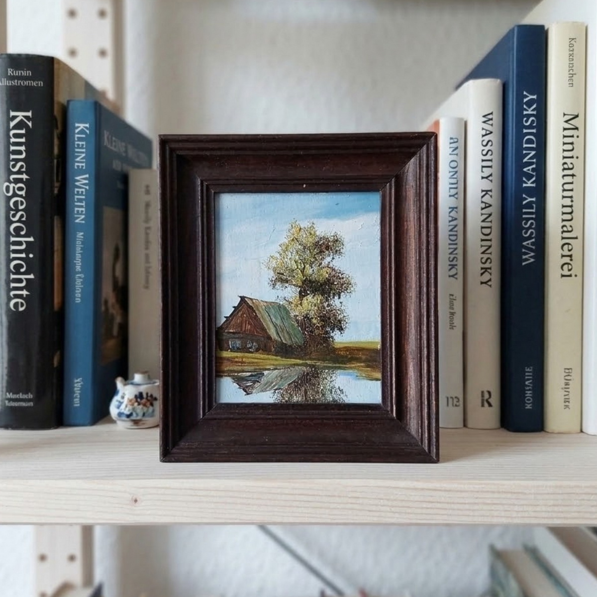 Kleines altes Ölgemälde handgemalt mit Rahmen | Bauernhaus / Landschaft / Natur | 11x13 cm | Vintage
