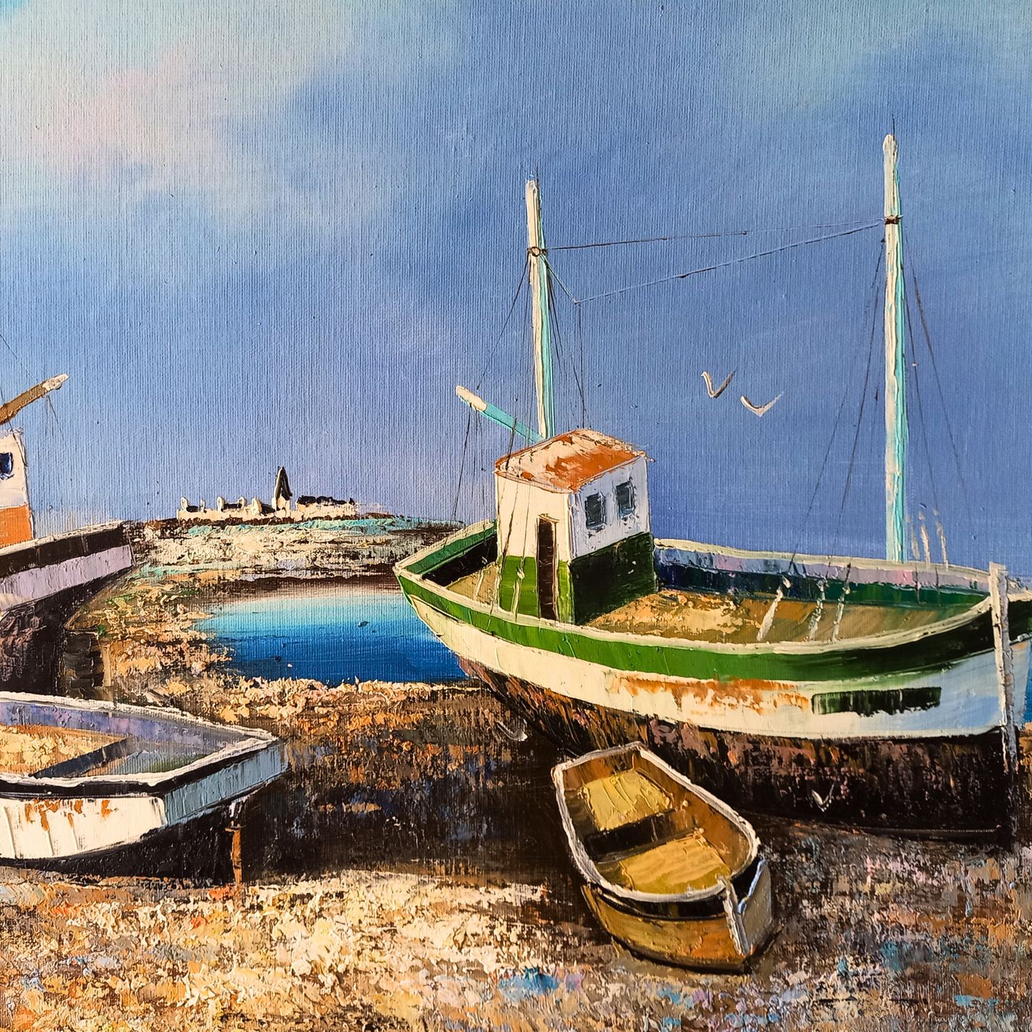 ORIGINAL Ölgemälde auf Leinwand | Fischerboote in der Bretagne / Frankreich | Signiert: TOUAR