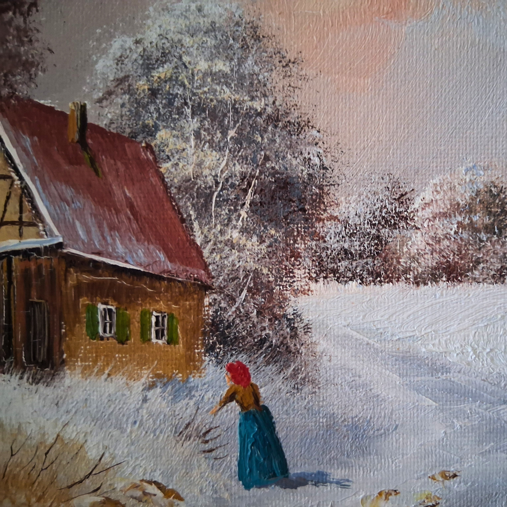 ORIGINAL Ölgemälde auf Karton inkl. Rahmen | Bauernhaus / Winterlandschaft mit Figur | Signiert