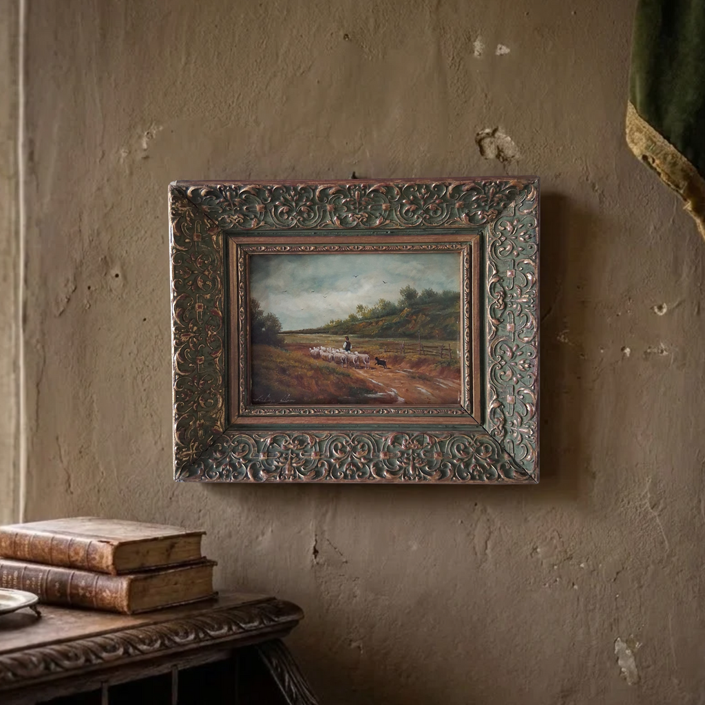 Altes Ölgemälde handgemalt mit antikem Rahmen | Schafherde auf dem Landweg | ORIGINAL & Signiert