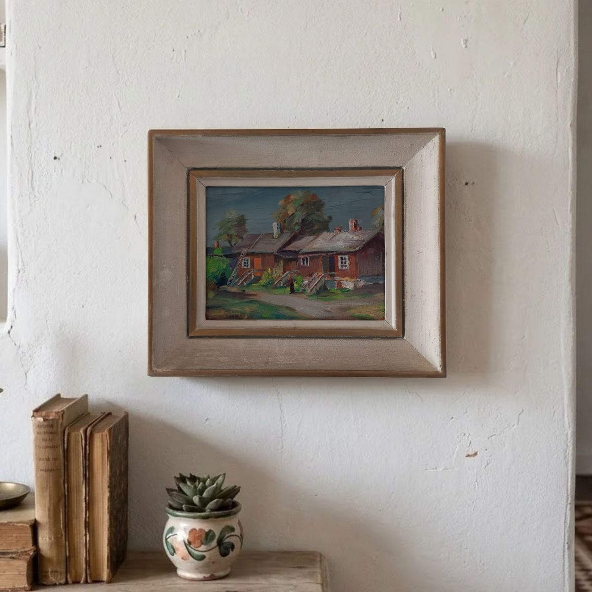 Altes Ölgemälde handgemalt auf Karton inkl. Rahmen | Landschaft / Bauernhaus mit Figur | Signiert