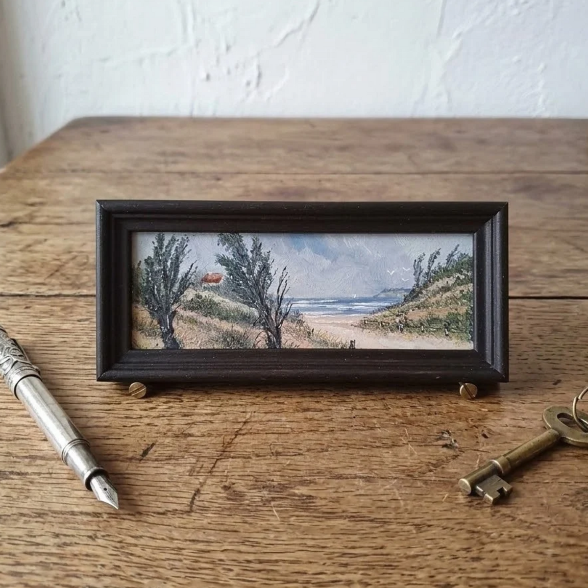 Kleines altes Ölgemälde handgemalt mit Rahmen | Strand / Küste / Meer | 17x7 cm | ORIGINAL & Signiert