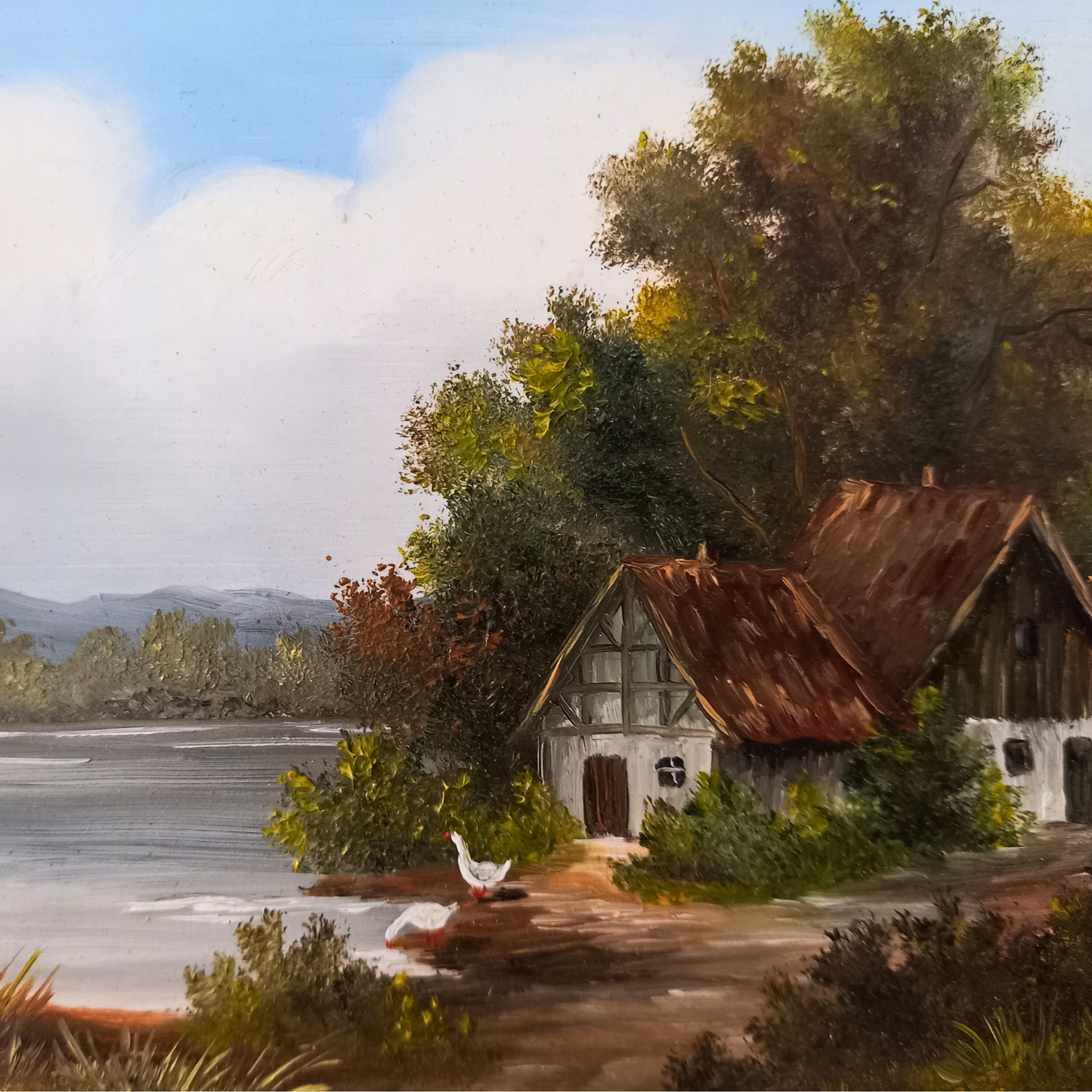 ORIGINAL Ölgemälde auf Holzplatte | Landschaft / Bauernhaus am See | Signiert: VON PAPEN