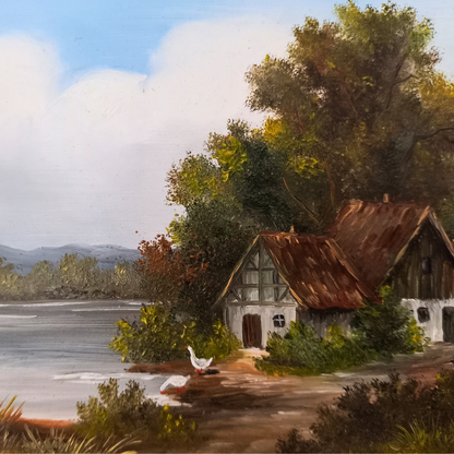ORIGINAL Ölgemälde auf Holzplatte | Landschaft / Bauernhaus am See | Signiert: VON PAPEN
