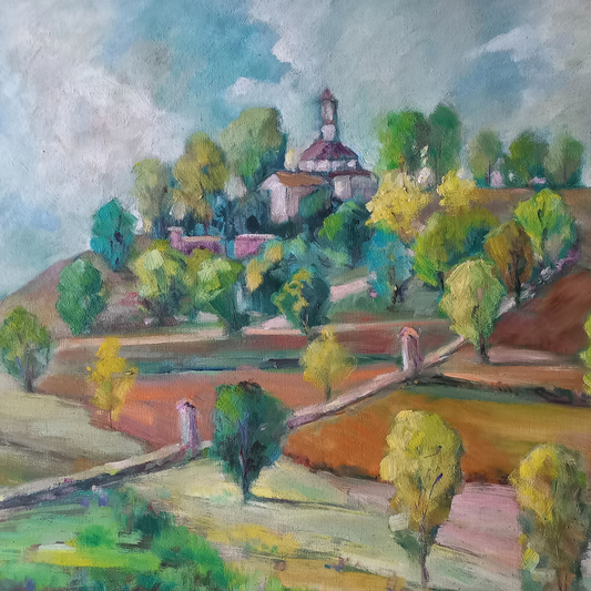 CARLES COMPTE (*1944) | Landschaft / Hügel / Kapelle | ORIGINAL Ölgemälde auf Holzplatte