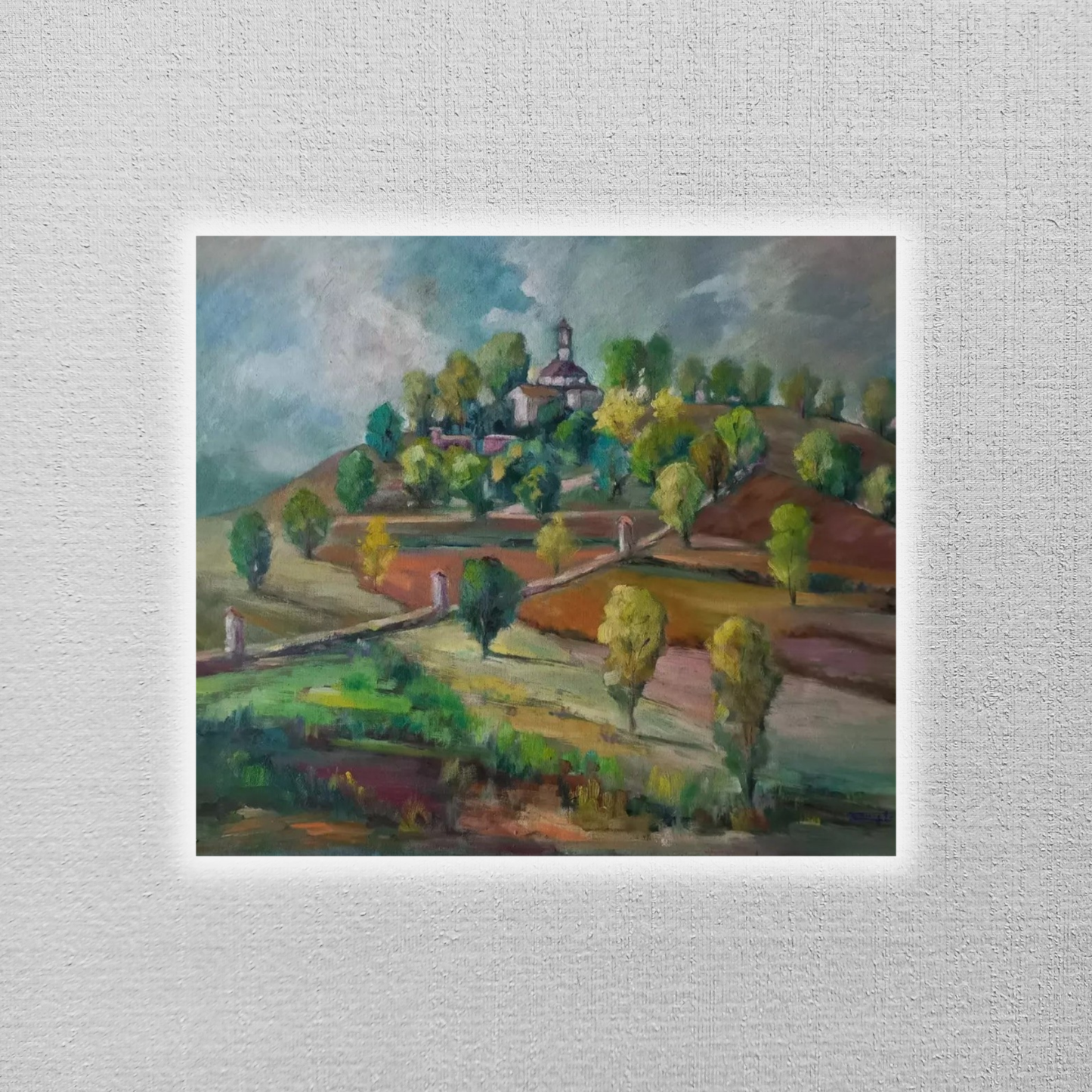 CARLES COMPTE (*1944) | Landschaft / Hügel / Kapelle | ORIGINAL Ölgemälde auf Holzplatte