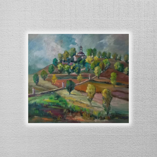 CARLES COMPTE (*1944) | Landschaft / Hügel / Kapelle | ORIGINAL Ölgemälde auf Holzplatte