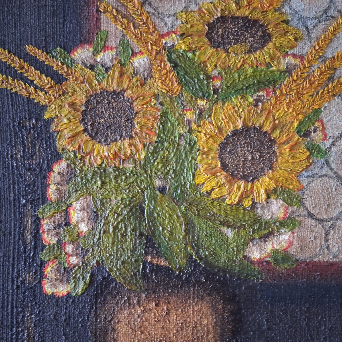 Altes Ölgemälde handgemalt mit Holzrahmen | Stillleben / Sonnenblumen | ORIGINAL & Signiert