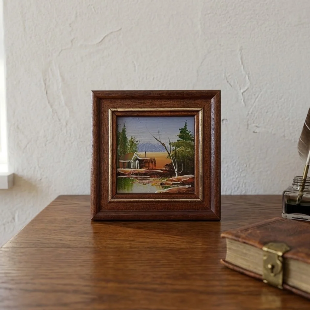 Kleines altes Ölgemälde handgemalt mit Holzrahmen | Landschaft / Natur | 11x11 cm