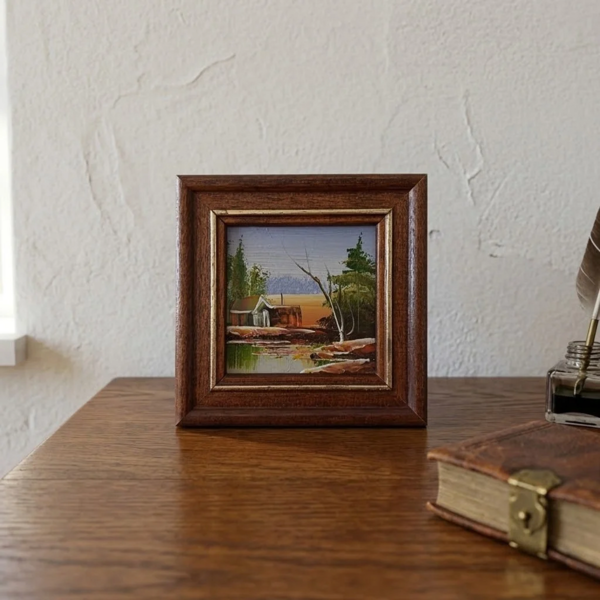 Kleines altes Ölgemälde handgemalt mit Holzrahmen | Landschaft / Natur | 11x11 cm