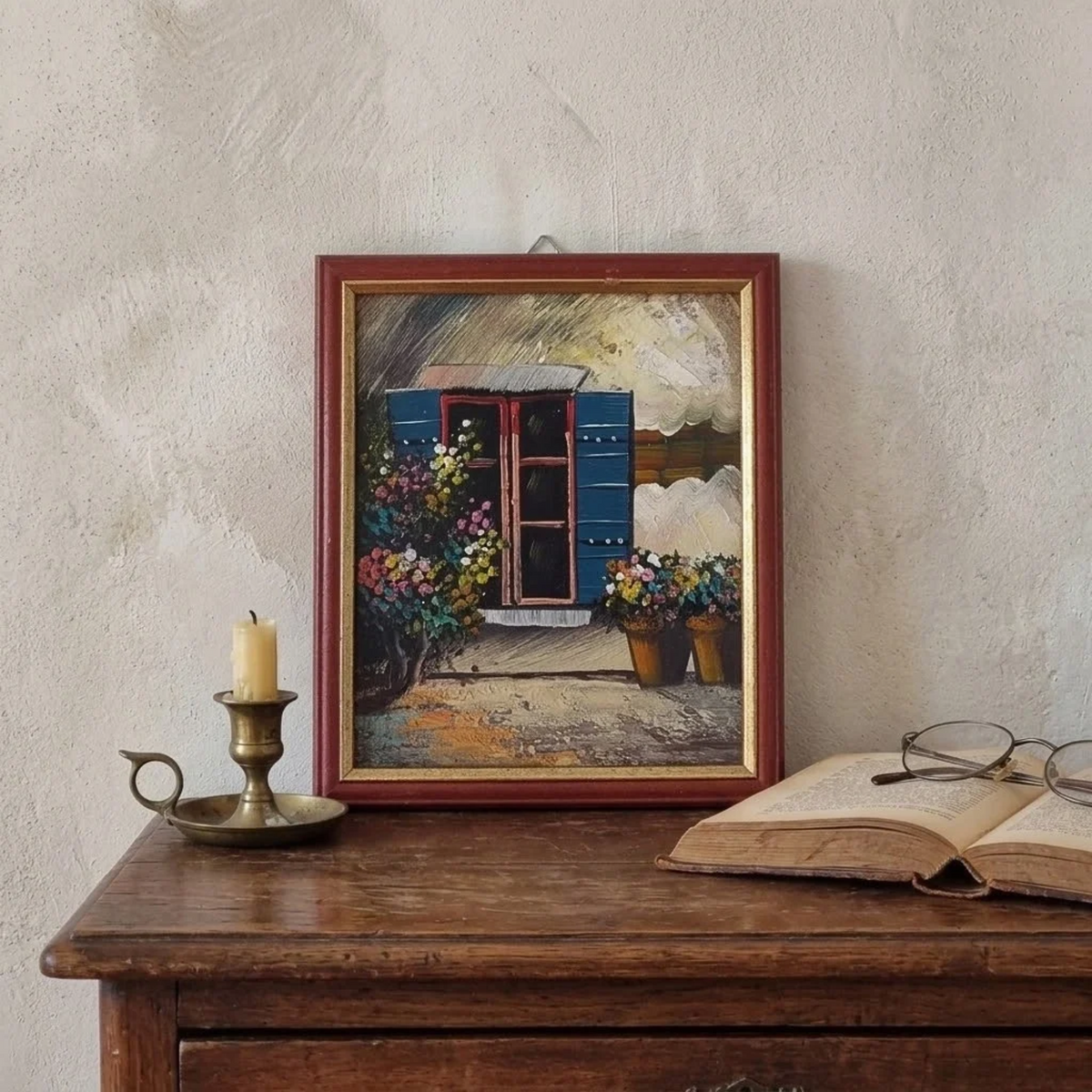 Altes Ölgemälde handgemalt mit Holzrahmen | Blumen vor dem Fenster | 23x27 cm | Vintage