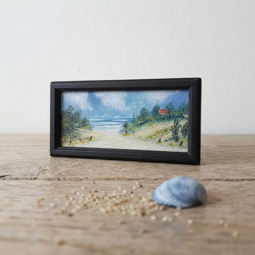Kleines altes Ölgemälde handgemalt mit Rahmen | Strand / Küste / Meer | 13x6 cm | ORIGINAL & Signiert