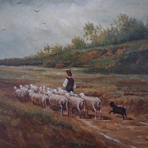 Altes Ölgemälde handgemalt mit antikem Rahmen | Schafherde auf dem Landweg | ORIGINAL & Signiert