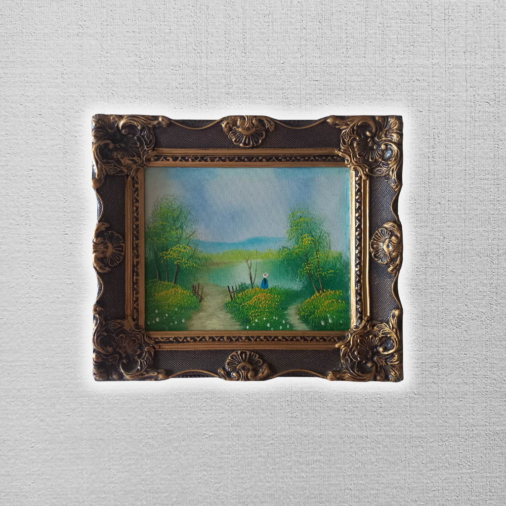 ORIGINAL Ölgemälde auf Leinwand inkl. Holzrahmen | Sommerlandschaft am See mit Figuren
