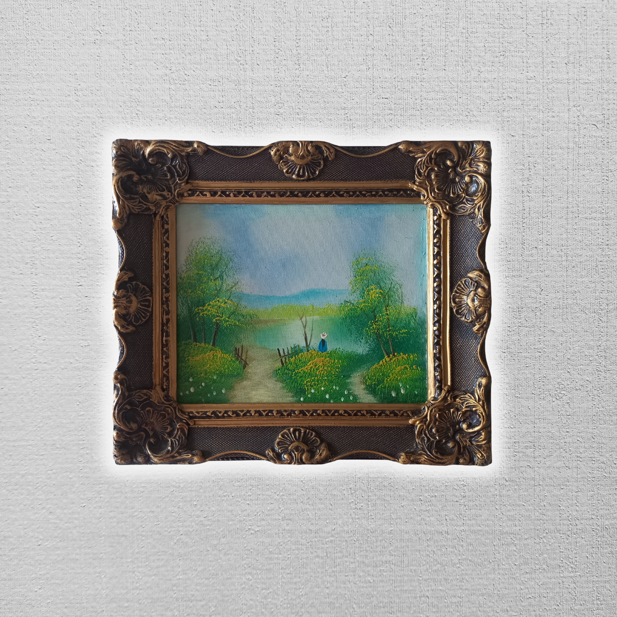 ORIGINAL Ölgemälde auf Leinwand inkl. Holzrahmen | Sommerlandschaft am See mit Figuren