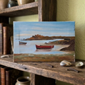 Altes Ölgemälde handgemalt auf Leinwand | Bucht mit Fischerbooten in der Bretagne | 24x16 cm | Signiert