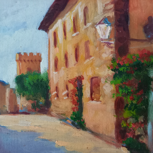 ORIGINAL Ölgemälde auf Karton inkl. Rahmen | Stadtansicht mit Burgturm | 39x35 cm