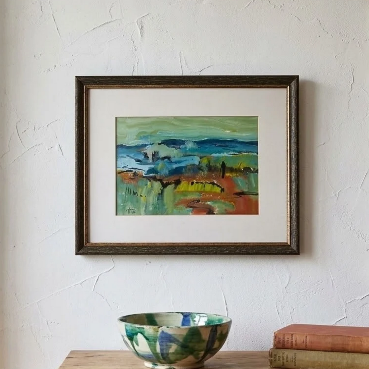Modernes Ölgemälde handgemalt im Passepartout hinter Glas | Abstrakte Landschaft / Natur | Signiert