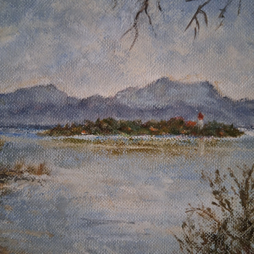 Altes Ölgemälde handgemalt mit antikem Rahmen | Blick auf den Chiemsee mit Alpenpanorama | Signiert
