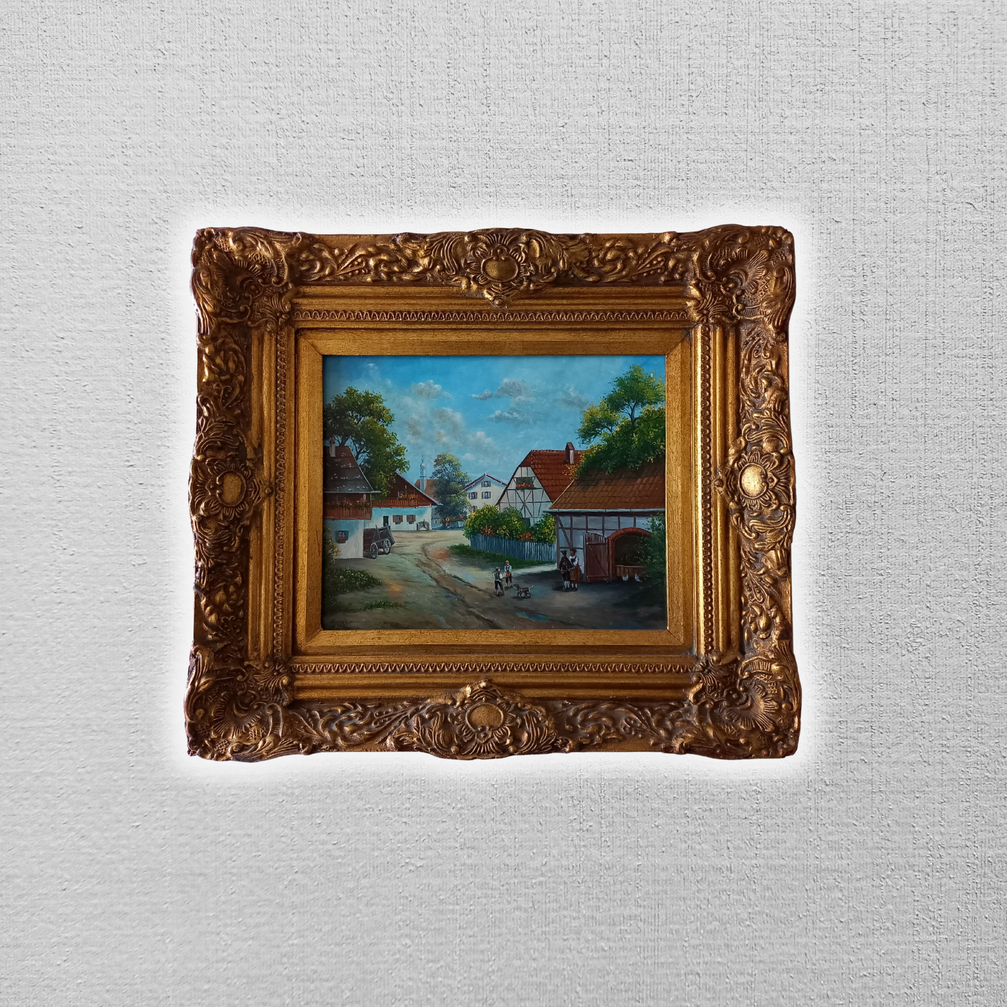 ORIGINAL Ölgemälde auf Holzplatte inkl. antikem Rahmen | Fachwerkhäuser / Dorfleben | Signiert