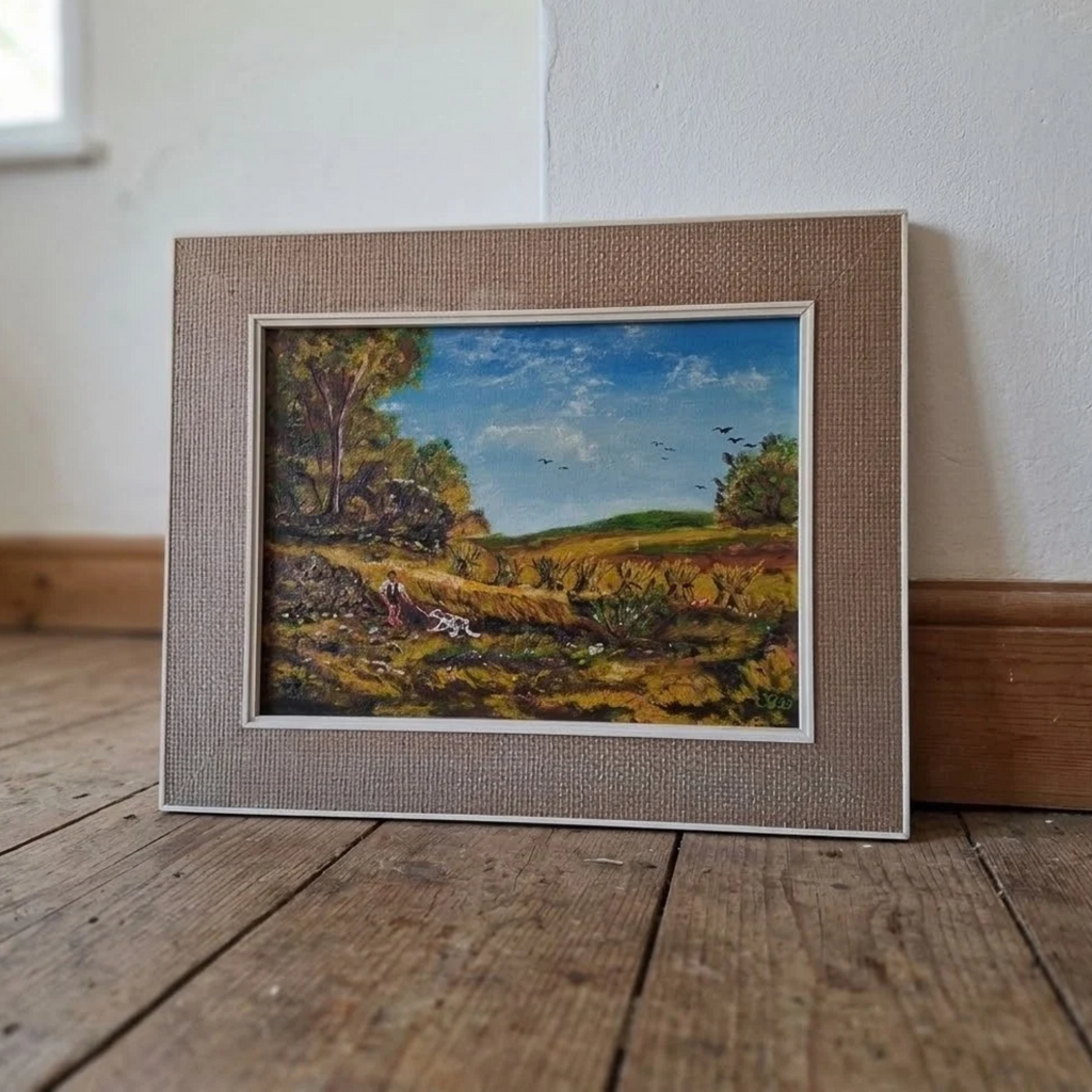 Altes Ölgemälde handgemalt mit Rahmen | Landschaft / Natur / Mann mit Hund | ORIGINAL & Signiert