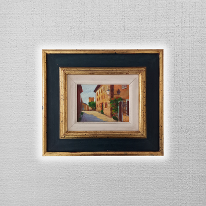 ORIGINAL Ölgemälde auf Karton inkl. Rahmen | Stadtansicht mit Burgturm | 39x35 cm