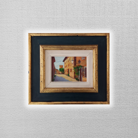 ORIGINAL Ölgemälde auf Karton inkl. Rahmen | Stadtansicht mit Burgturm | 39x35 cm