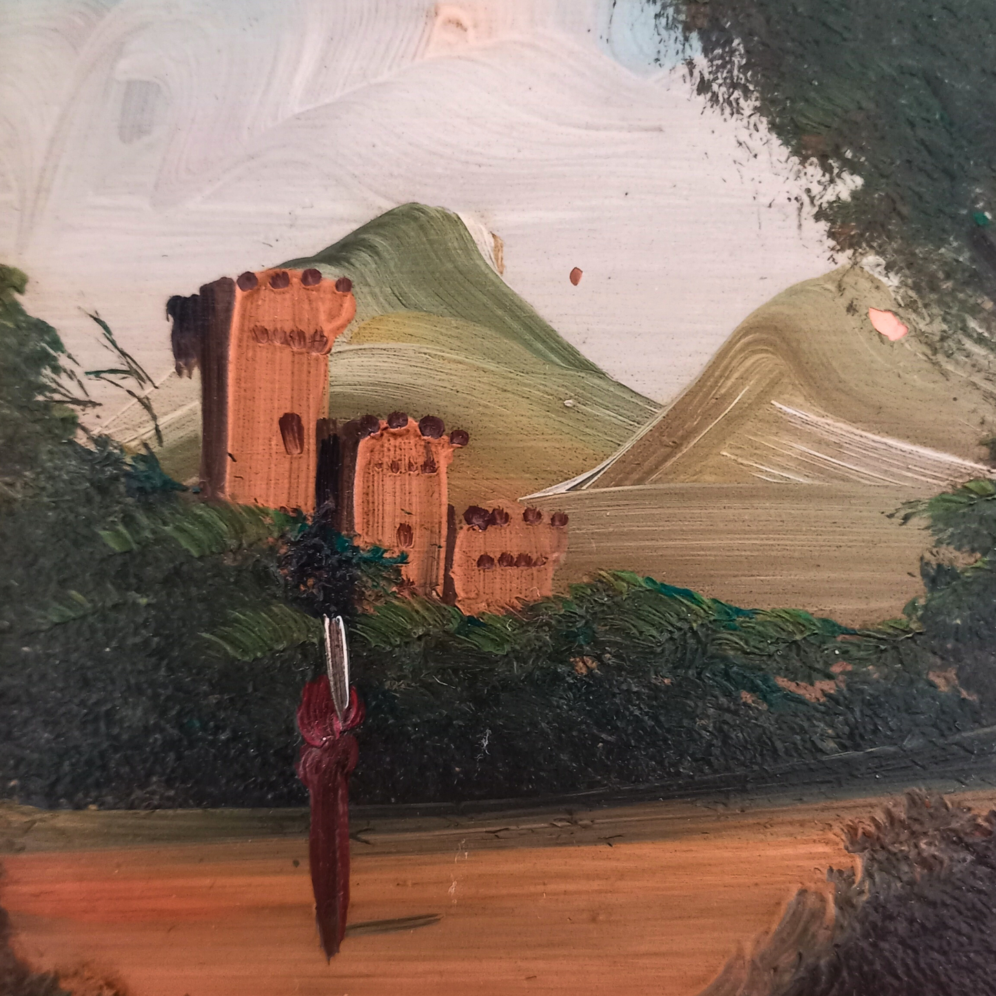 SELTENES KLEINES Ölgemälde auf Kupferplatte inkl. Rahmen | Landschaft / Burg / Italien | Signiert