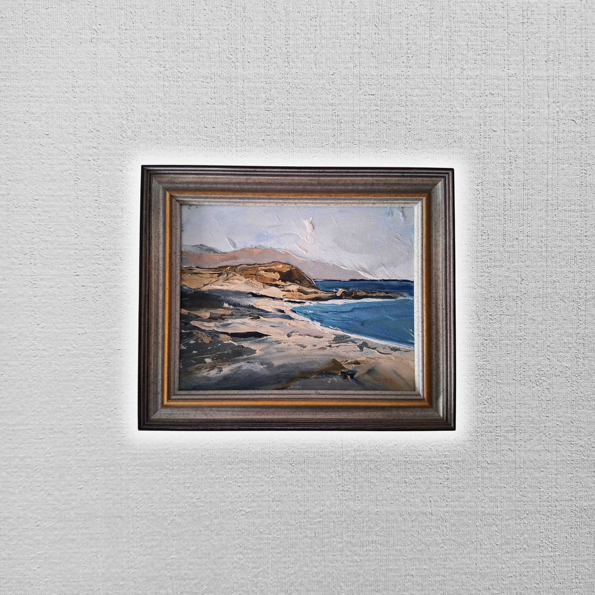 ORIGINAL Ölgemälde auf Karton inkl. Rahmen | Küstenlandschaft / Strand / Meer | 31x26 cm | Signiert