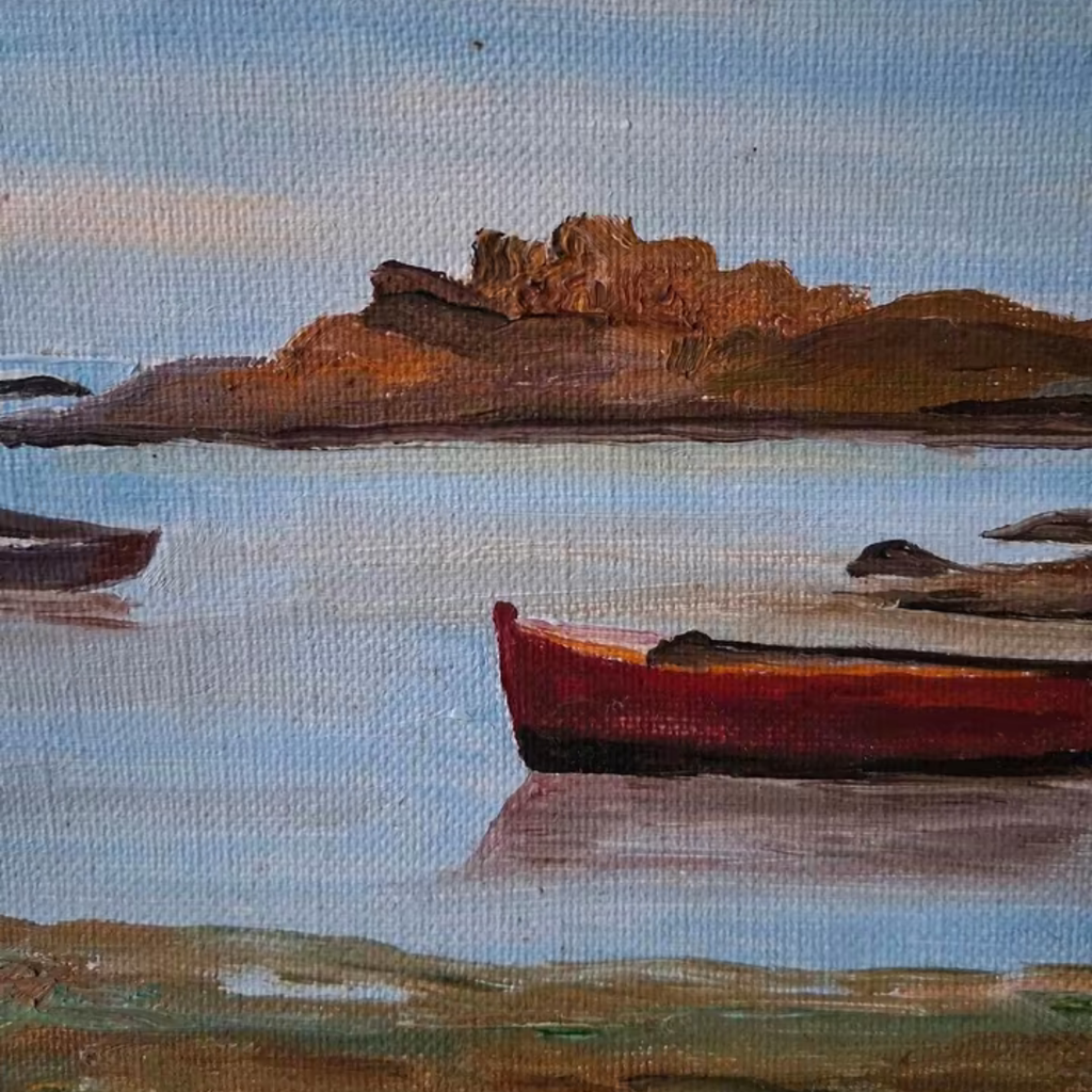 ORIGINAL Ölgemälde auf Leinwand | Bucht mit Fischerbooten in der Bretagne | 24x16 cm | Signiert