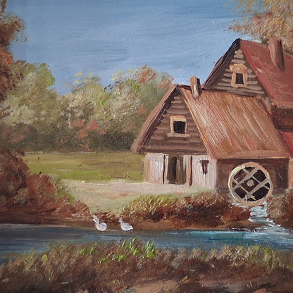 ORIGINAL Ölgemälde auf Karton inkl. Rahmen | Bauernhaus / Landschaft | 22x20 cm | Signiert