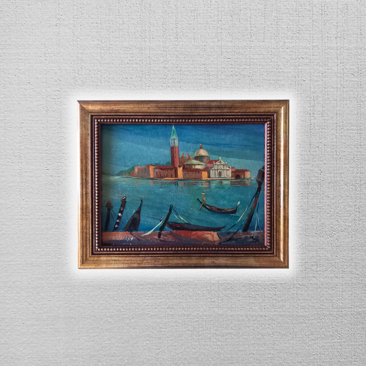 ORIGINAL Ölgemälde auf Karton inkl. Rahmen | San Marco / Markusturm / Venedig | Signiert