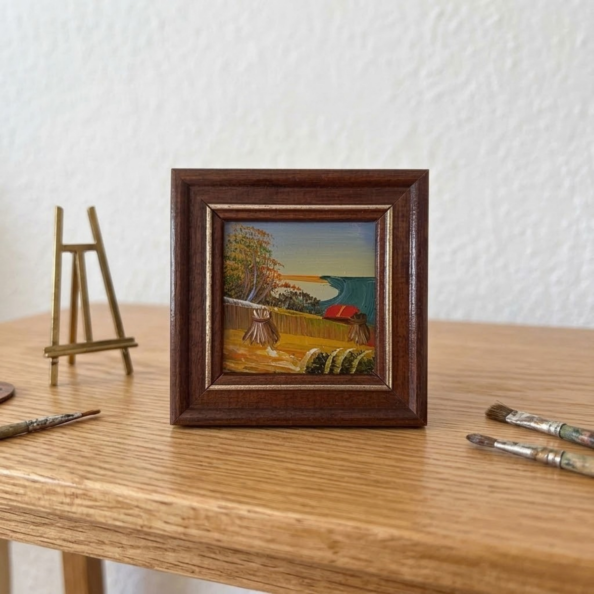 Kleines altes Ölgemälde handgemalt mit Holzrahmen | Landschaft / Natur | 11x11 cm