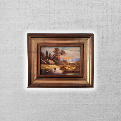 ORIGINAL Ölgemälde auf Karton inkl. Rahmen | Landschaft / Bauernhaus | 29x24 cm | Signiert