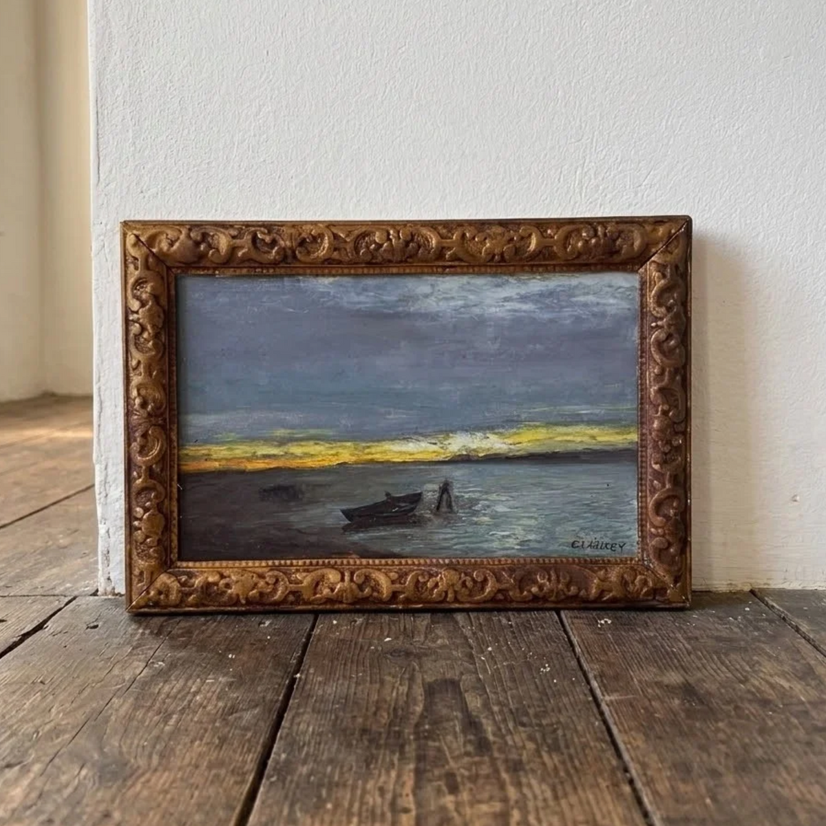 Altes Ölgemälde handgemalt mit antikem Rahmen | Boot bei Dämmerung | 35x24 cm | Signiert