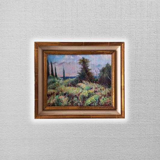 ORIGINAL Ölgemälde auf Karton inkl. Rahmen | Farnlandschaft / Natur | 33x28 cm | Signiert