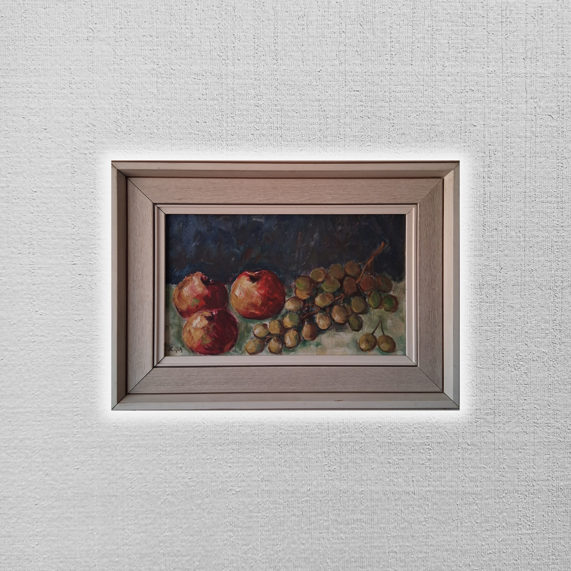 ORIGINAL Ölgemälde auf Karton inkl. Rahmen | Stillleben / Obst / Apfel / Weintrauben | Signiert