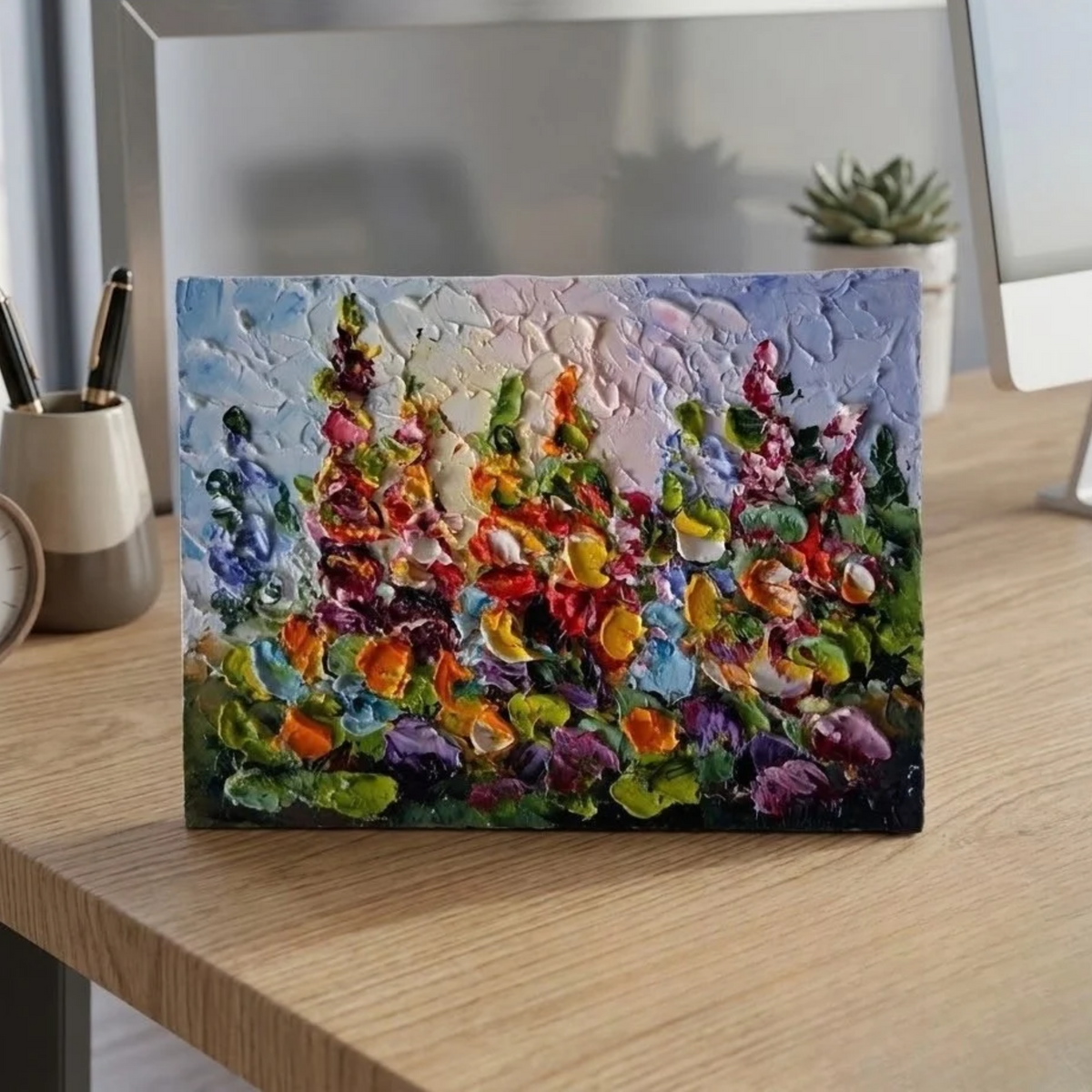 Modernes Ölgemälde handgemalt auf Karton | Wilde Blumen / Blumenwiese | 20x15 cm | Signiert